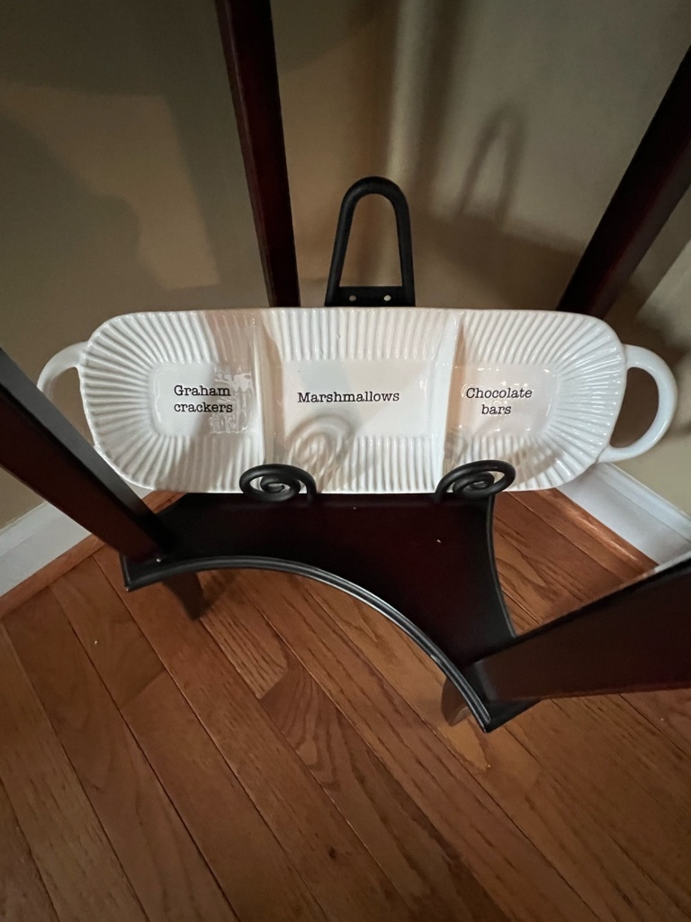 Pier 1 Imports White Ceramic Hostess Serving platter Campfire S’mores theme